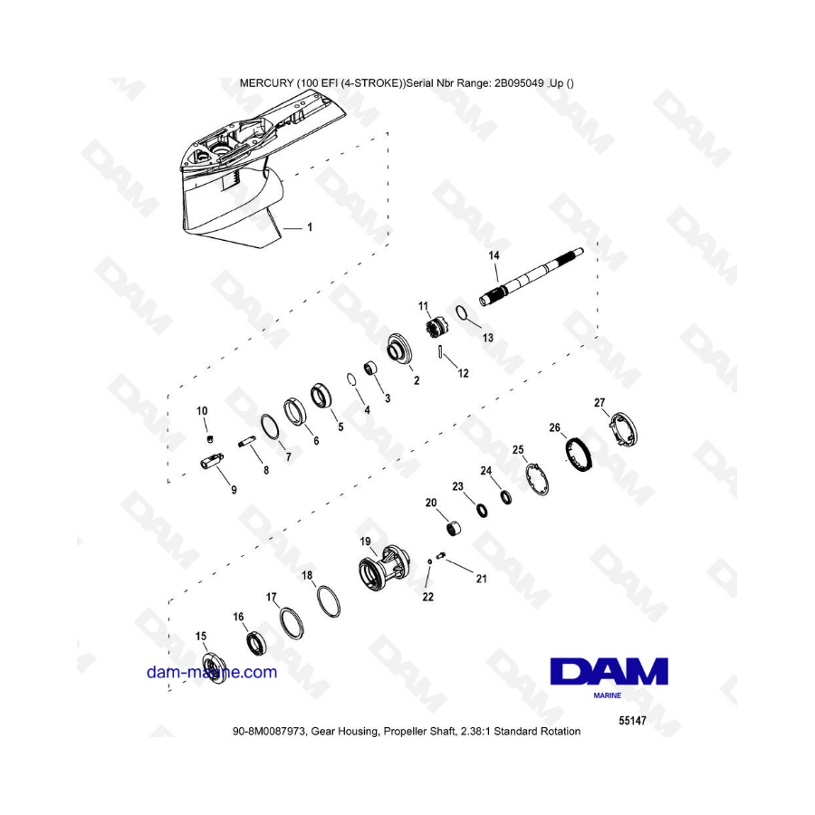 Mercury 100 EFI - Gear Housing, Propeller Shaft, 2.38:1 Counter Rotation