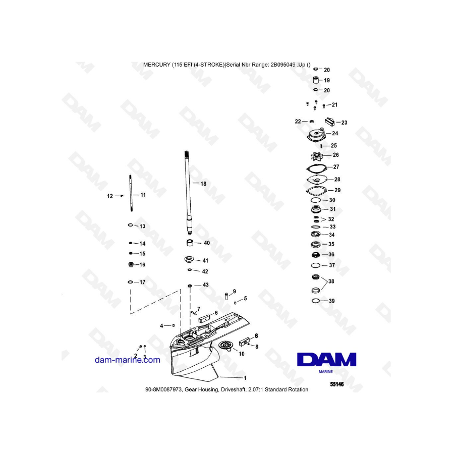 Mercury 115 EFI - Caja de engranajes, eje de transmisión, rotación estándar 2.07:1