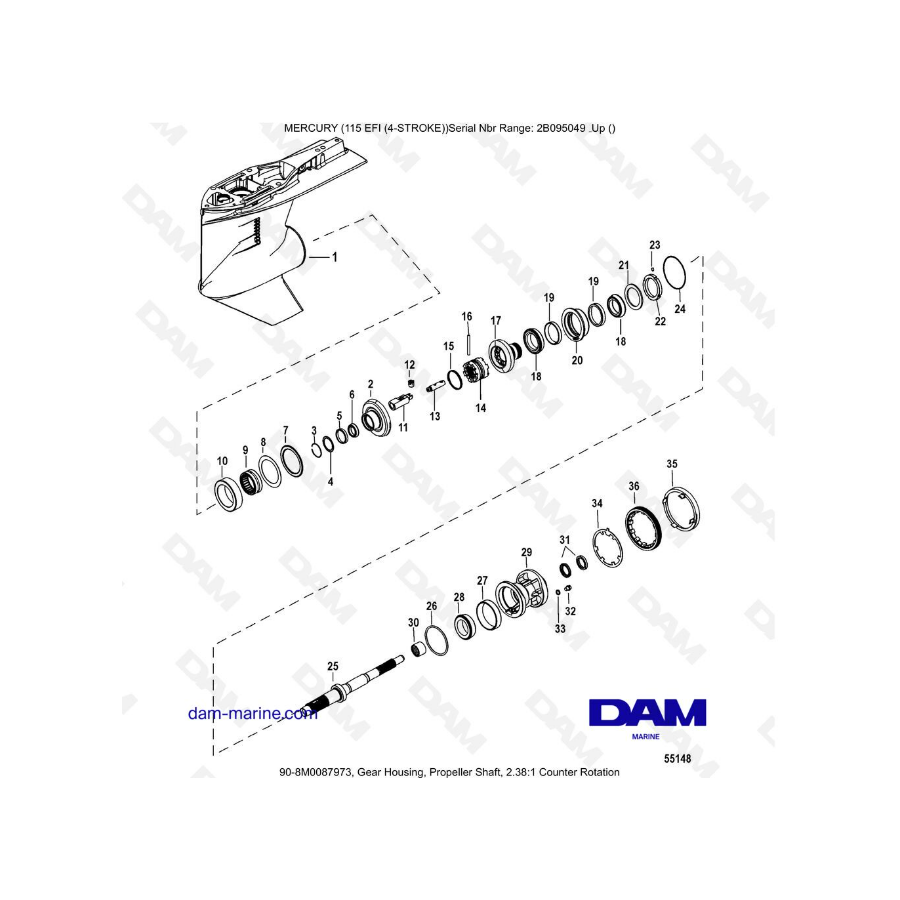 Mercury 115 EFI - Gear Housing, Propeller Shaft, 2.38:1 Counter Rotation