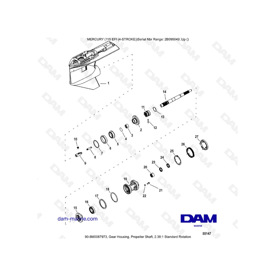 Mercury 115 EFI - Gear Housing, Propeller Shaft, 2.38:1 Standard Rotation