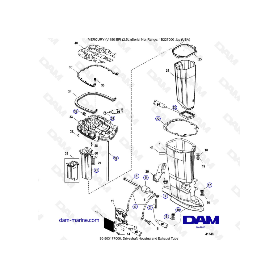 Mercury V-150 EFI (2.5L) - Caja del eje de transmisión y tubo de escape