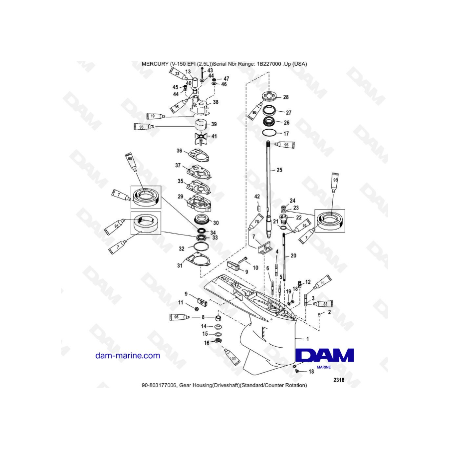 Mercury V-150 EFI (2.5L) - Caja de engranajes (eje de transmisión) (estándar/contrarrotación)