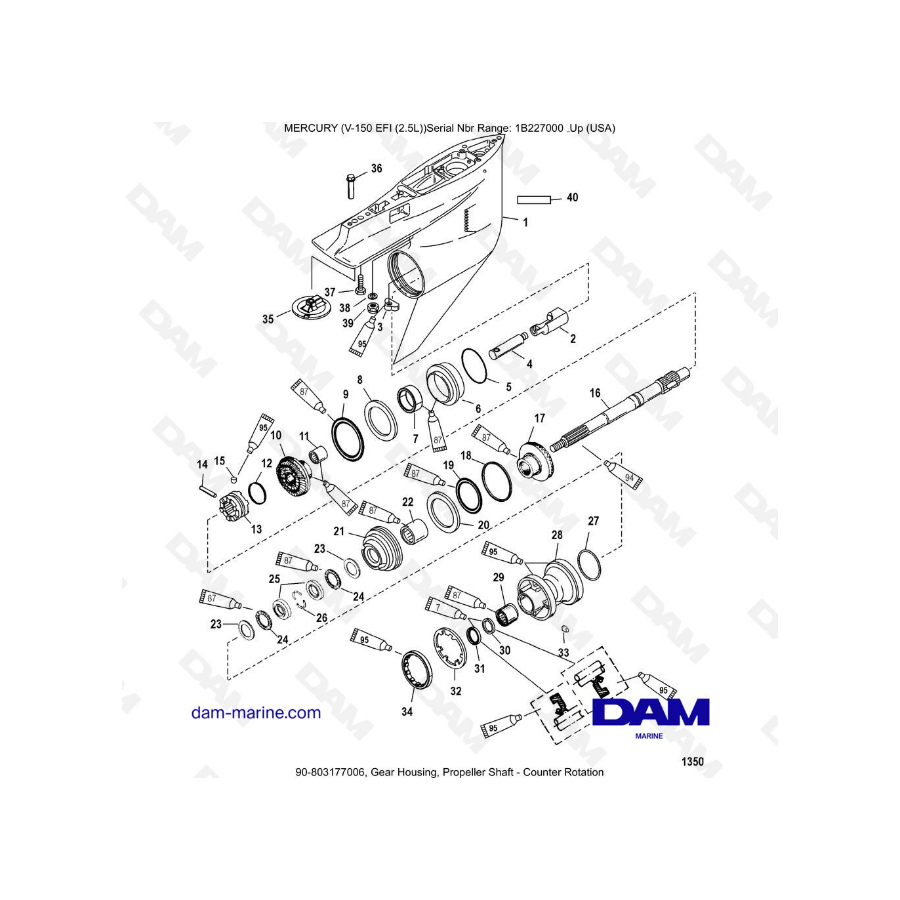 Mercury V-150 EFI (2.5L) - Caja de engranajes, eje de la hélice - contrarrotación