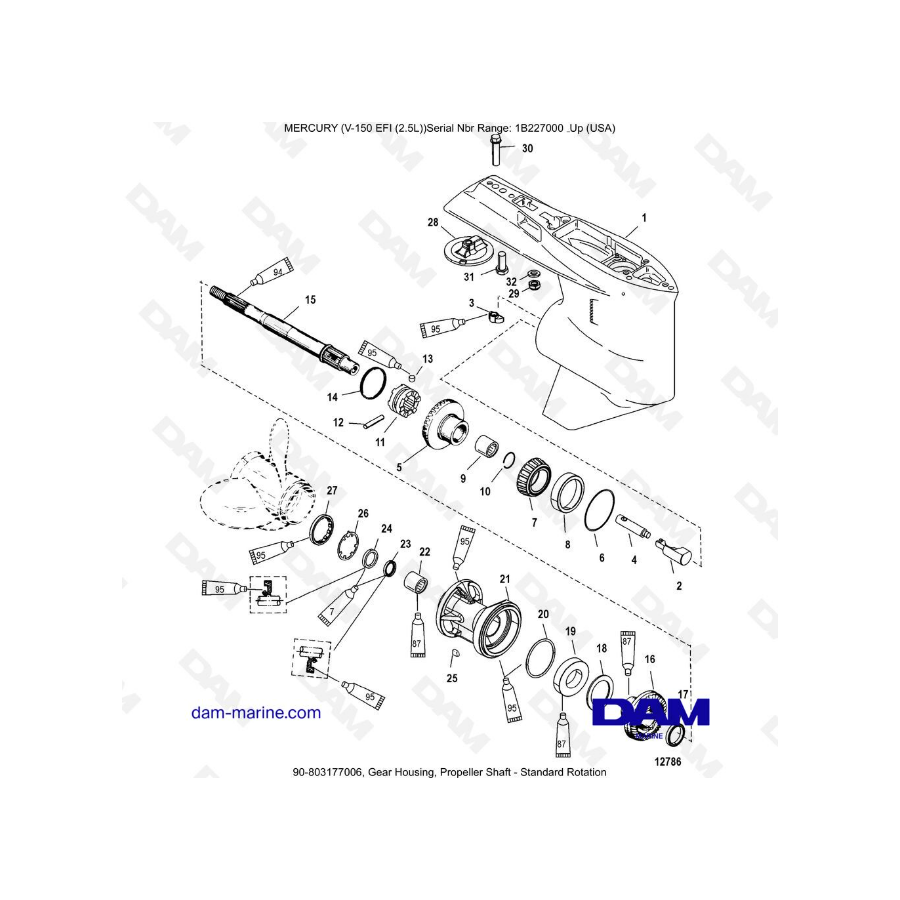 Mercury V-150 EFI (2.5L) - Caja de engranajes, eje de la hélice - Rotación estándar