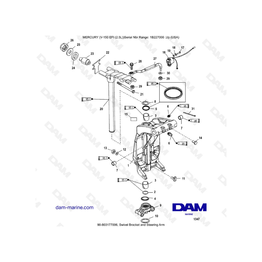 Mercury V-150 EFI (2.5L) - Soporte giratorio y brazo de dirección