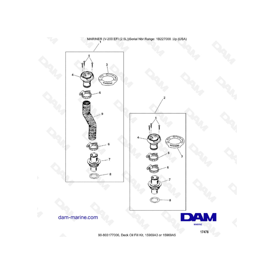 Mercury Mariner V-200 EFI (2.5L) - Deck Oil Fill Kit, 15969A3 or 15969A5