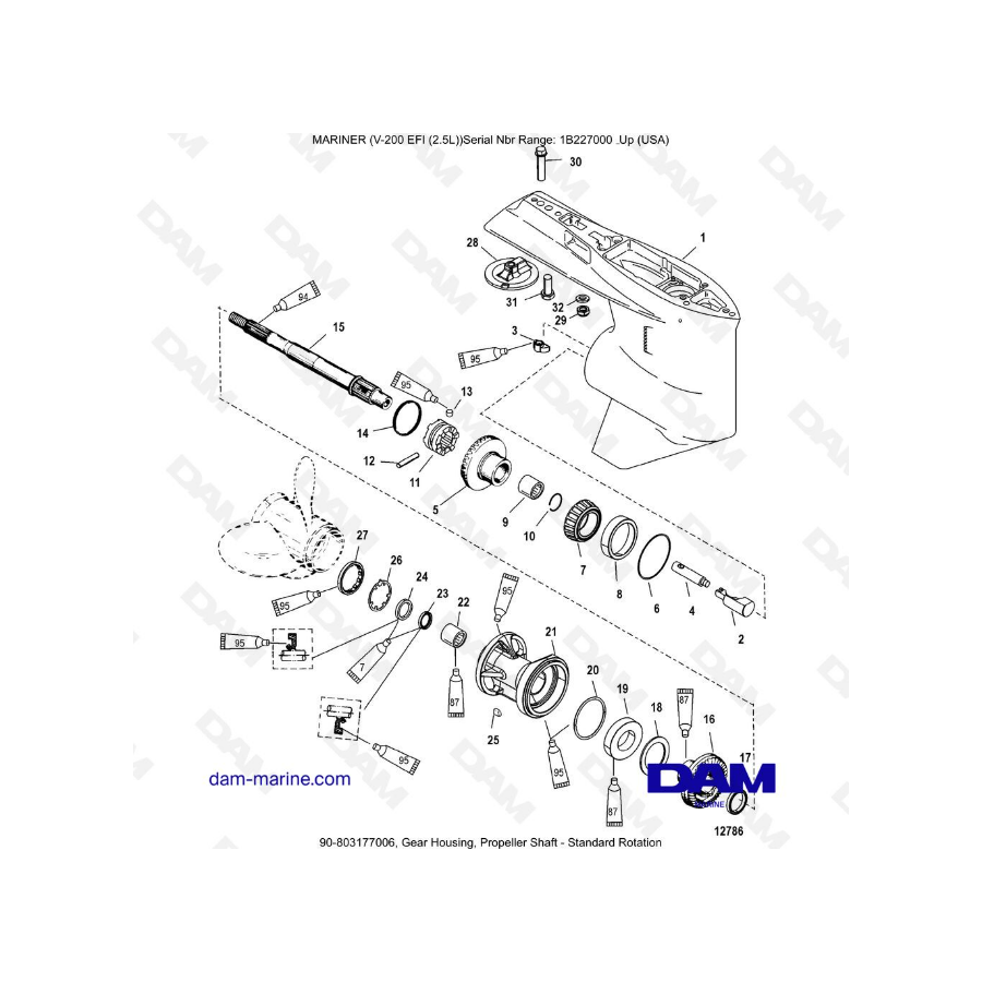 Mercury Mariner V-200 EFI (2.5L) - Caja de engranajes, eje de la hélice - Rotación estándar