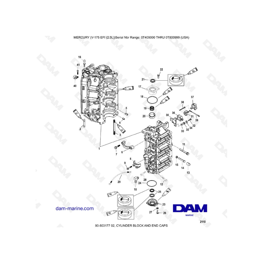 Mercury Mariner V-175 EFI (2.5L) - CYLINDER BLOCK AND END CAPS