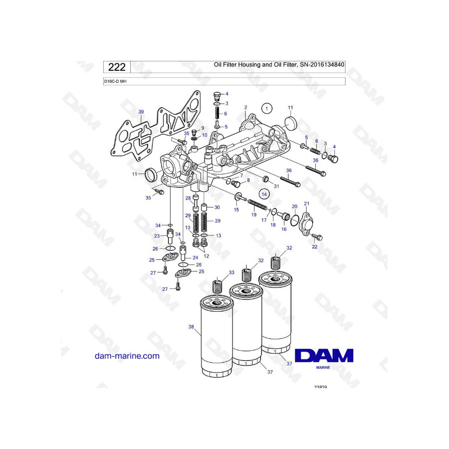 Volvo Penta D16 - Carcasa del filtro de aceite y filtro de aceite, SN-2016134840