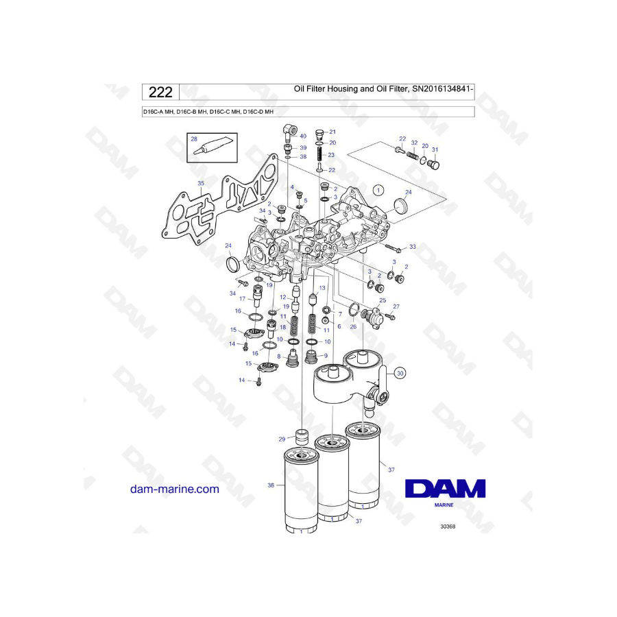 Volvo Penta D16 - Caja del filtro de aceite y filtro de aceite, SN2016134841-