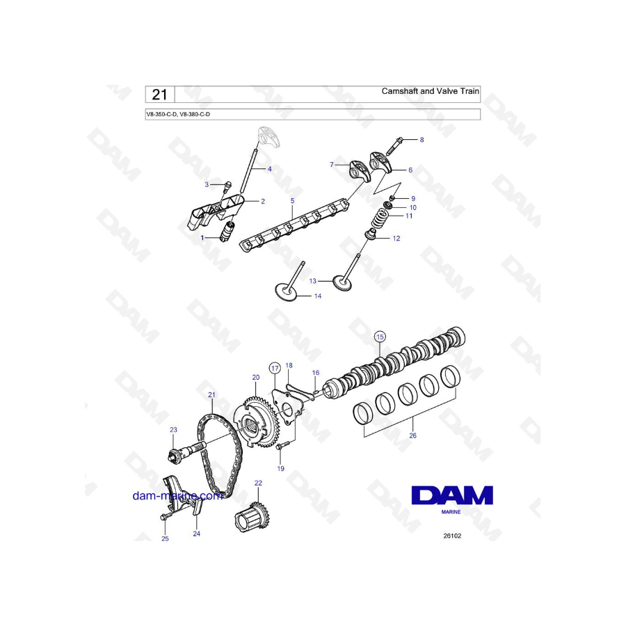 Volvo Penta V8-350 / V8-380 - Árbol de levas y tren de válvulas