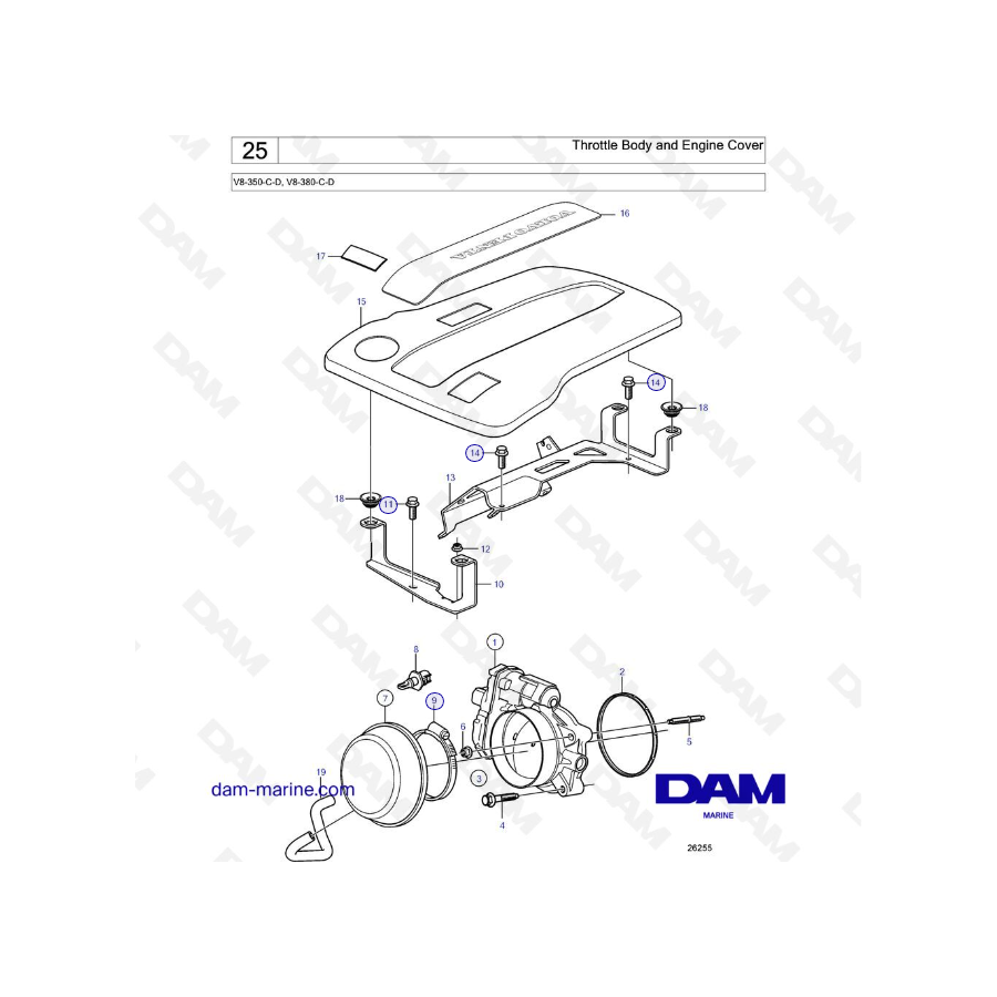 Volvo Penta V8-350 / V8-380 - Cuerpo de mariposa y tapa del motor