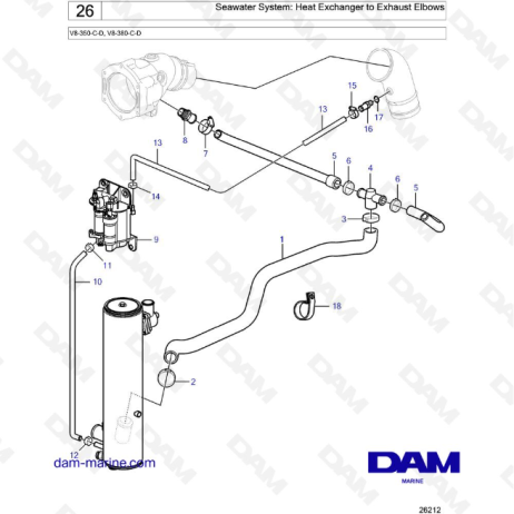 Volvo Penta V8-350 / V8-380 - Seawater System: Heat Exchanger to Exhaust Elbows