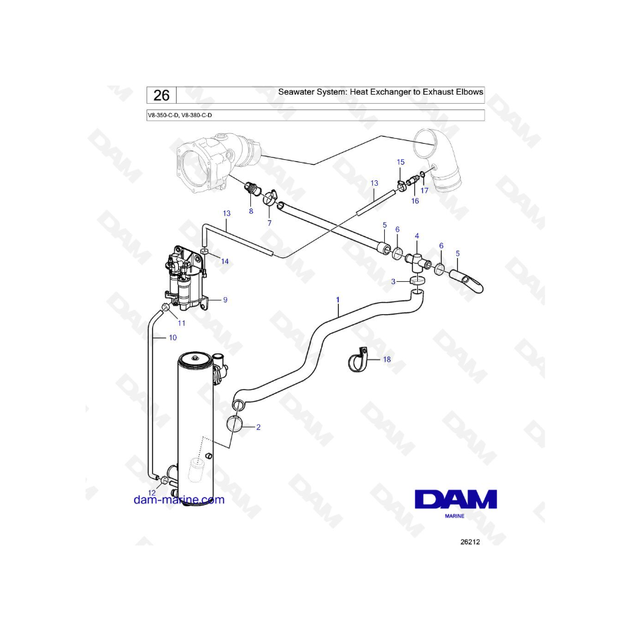 Volvo Penta V8-350 / V8-380 - Seawater System: Heat Exchanger to Exhaust Elbows