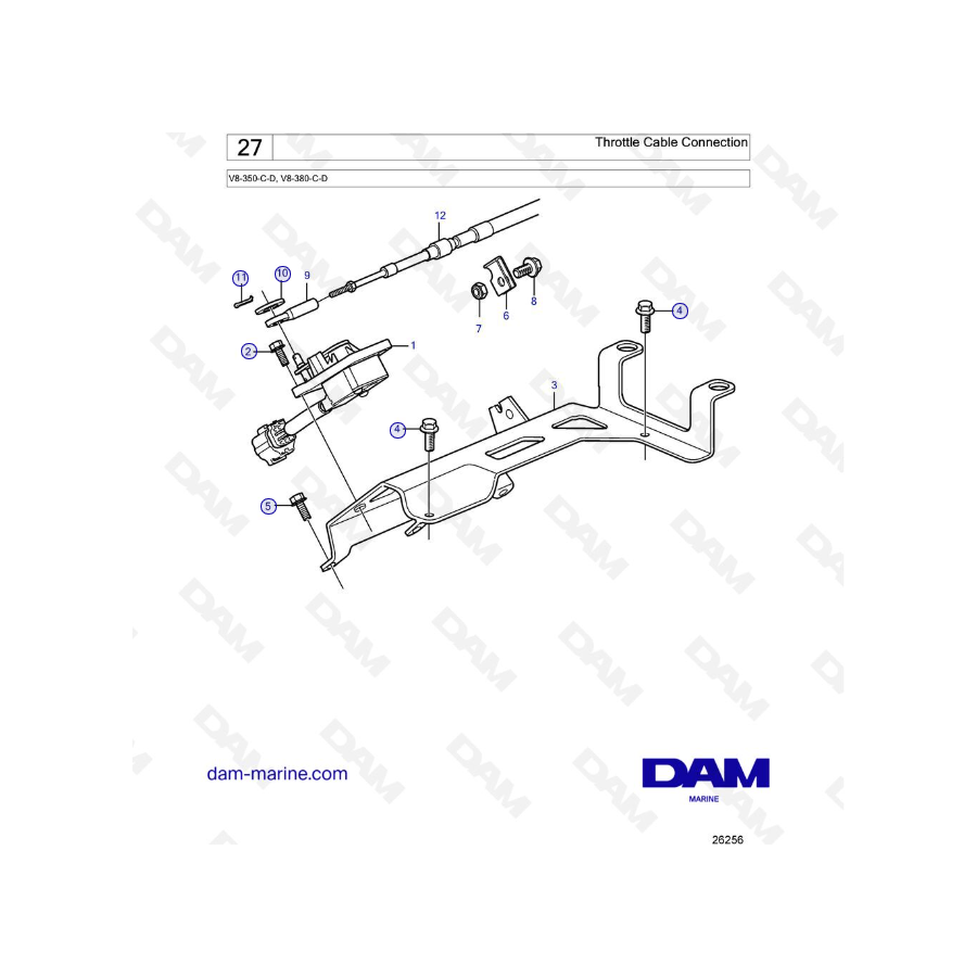 Volvo Penta V8-350 / V8-380 - Conexión del cable del acelerador