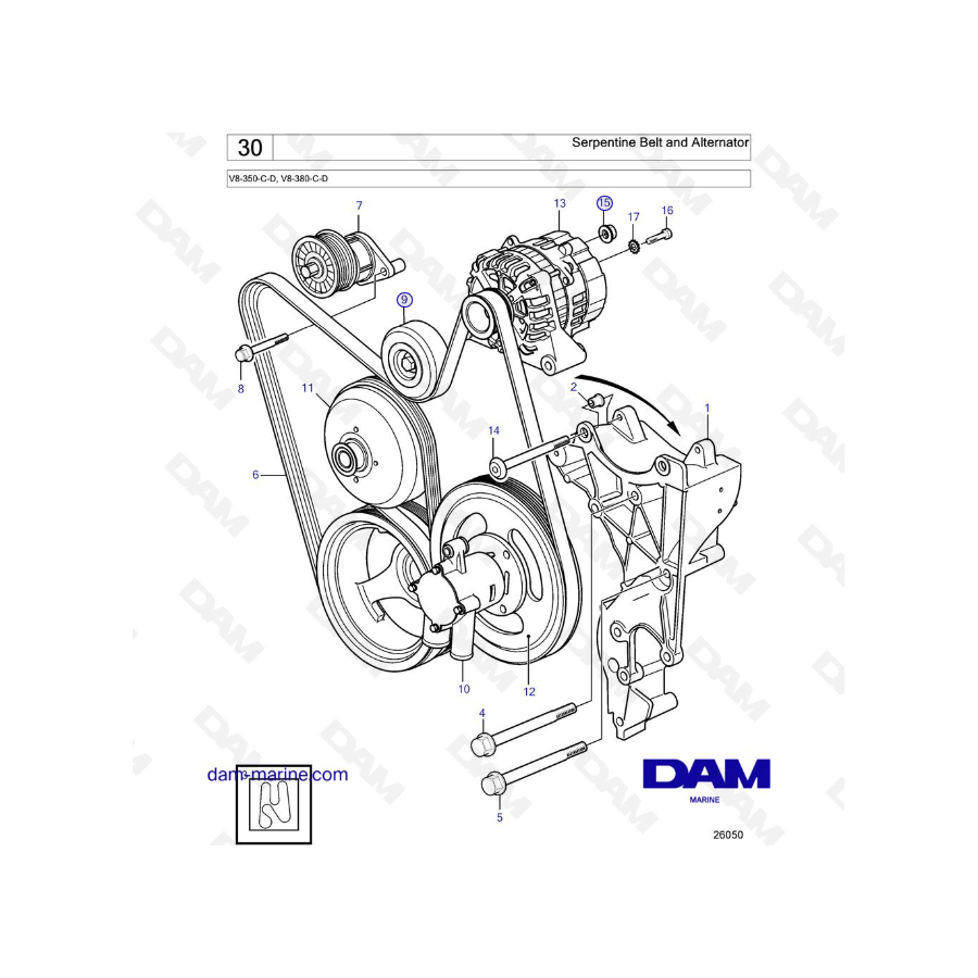 Volvo Penta V8-350 / V8-380 - Correa serpentina y alternador