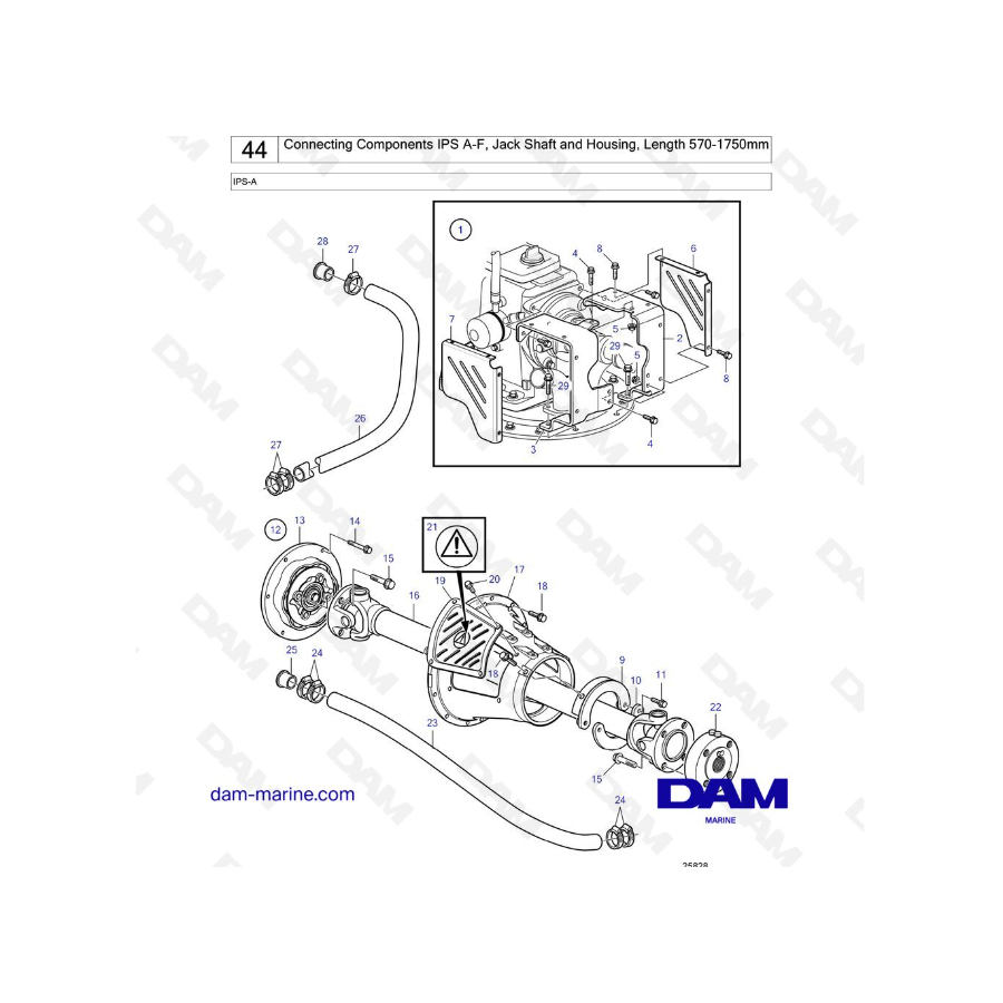 Volvo Penta IPS-A: componentes de conexión IPS A-F, eje del gato y carcasa, longitud 570-1750 mm