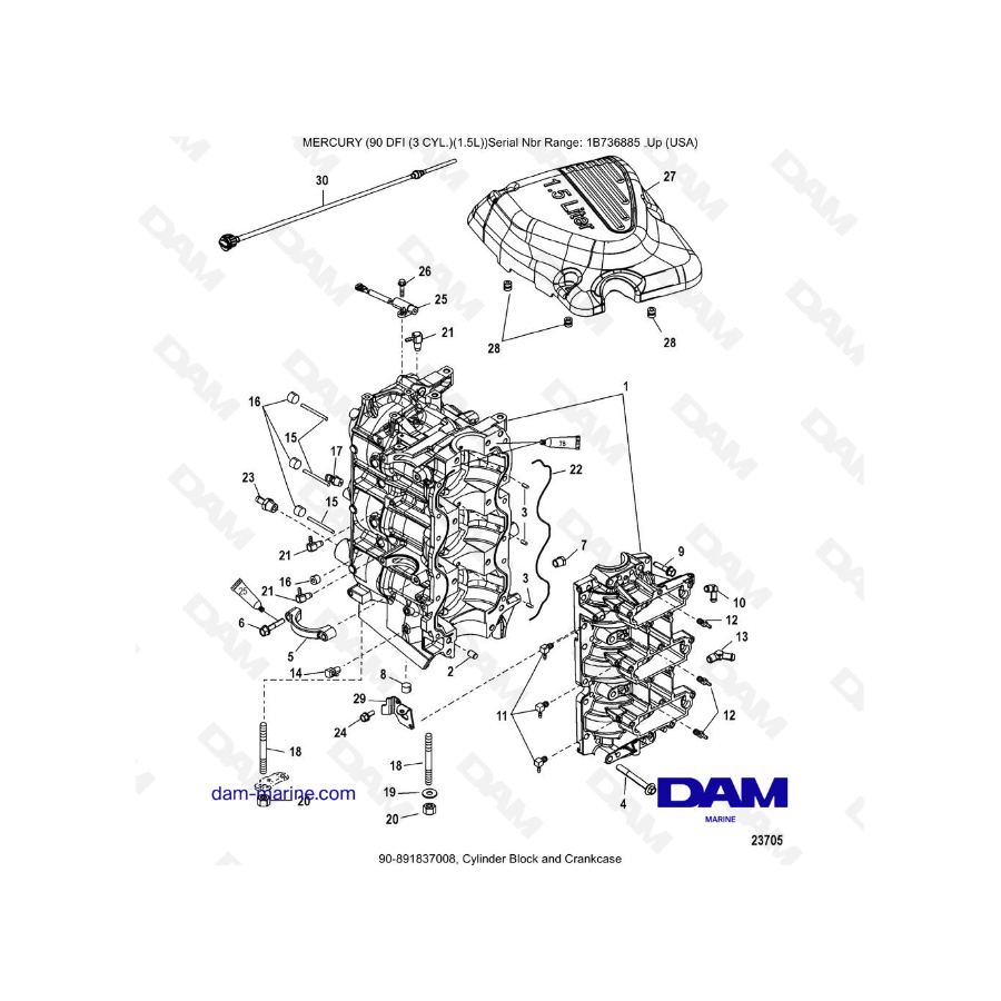 Mercury Optimax 90 - Bloque de cilindros y cárter