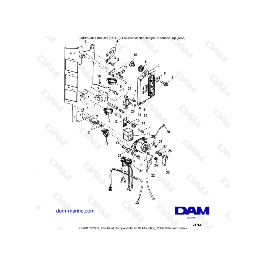 Mercury Optimax 90 - Electrical Components, PCM Mounting, 2B092562 and Below