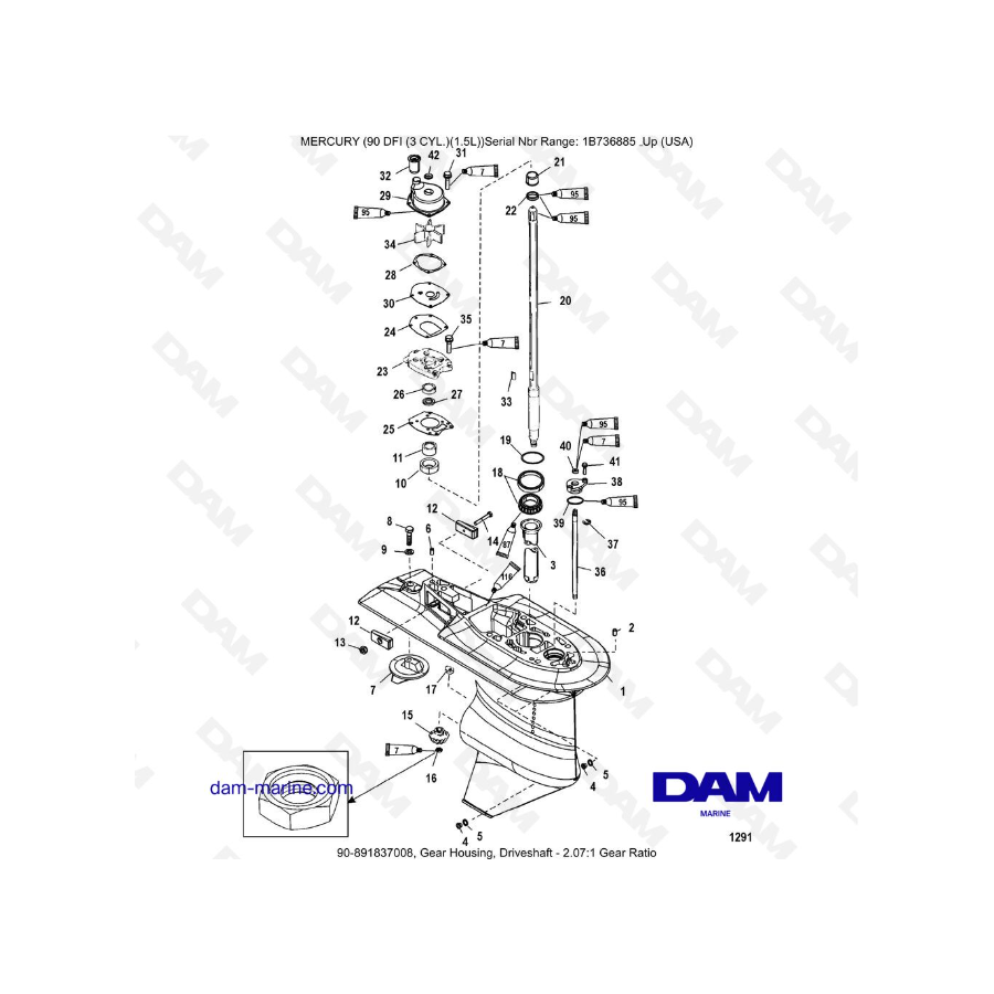 Mercury Optimax 90 - Caja de engranajes, eje de transmisión - Relación de engranajes 2,07:1