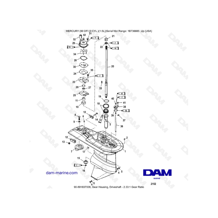 Mercury Optimax 90 - Gear Housing, Driveshaft - 2.33:1 Gear Ratio