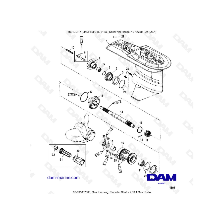 Mercury Optimax 90 - Gear Housing, Propeller Shaft - 2.33:1 Gear Ratio