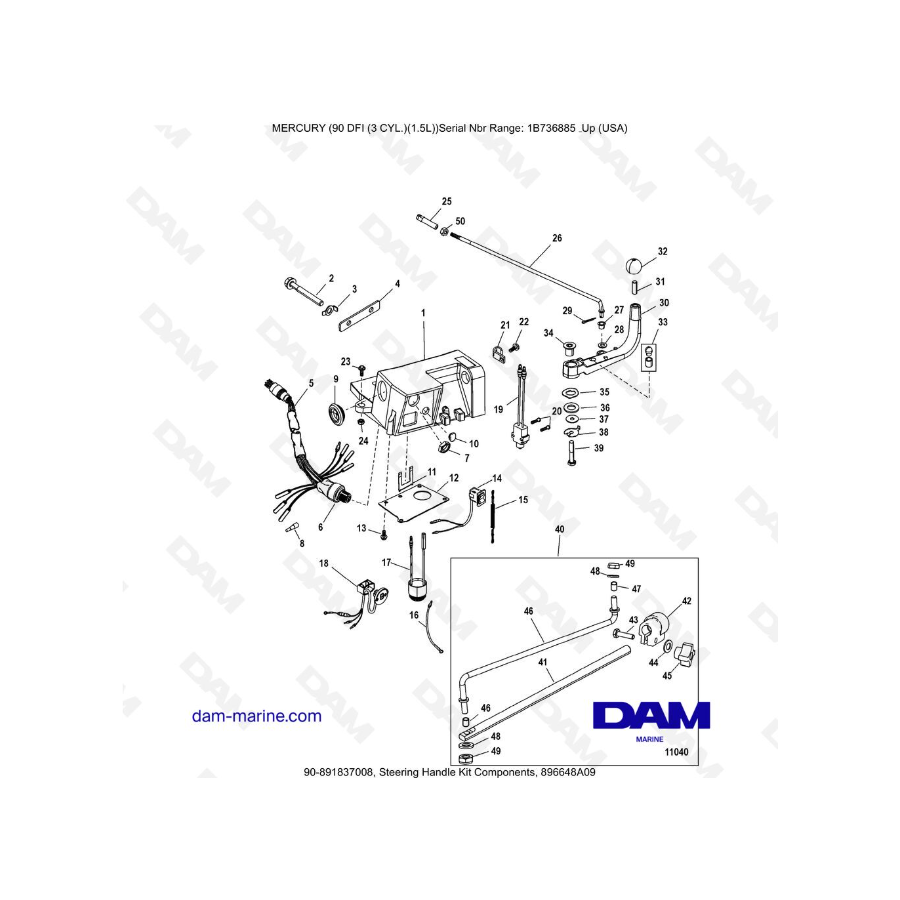 Mercury Optimax 90 - Componentes del kit de manija de dirección, 896648A09