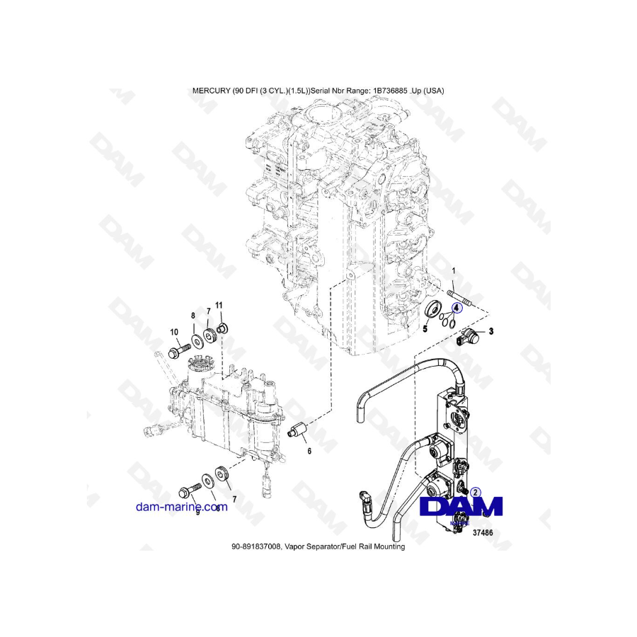 Mercury Optimax 90 - Separador de vapor/montaje en riel de combustible