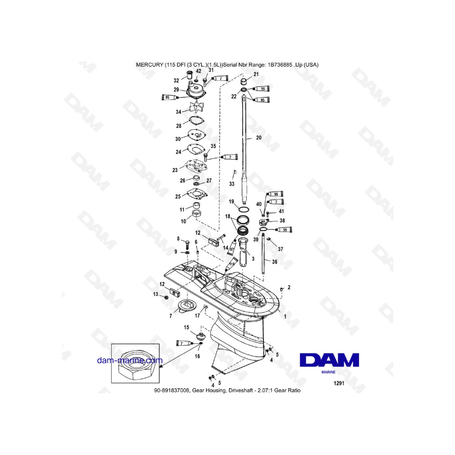 Mercury Optimax 115 - Caja de engranajes, eje de transmisión - Relación de engranajes 2.07:1