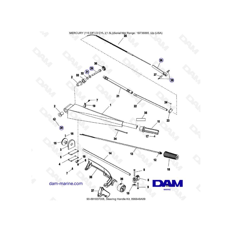 Mercury Optimax 115 - Juego de mango de dirección, 896648A09