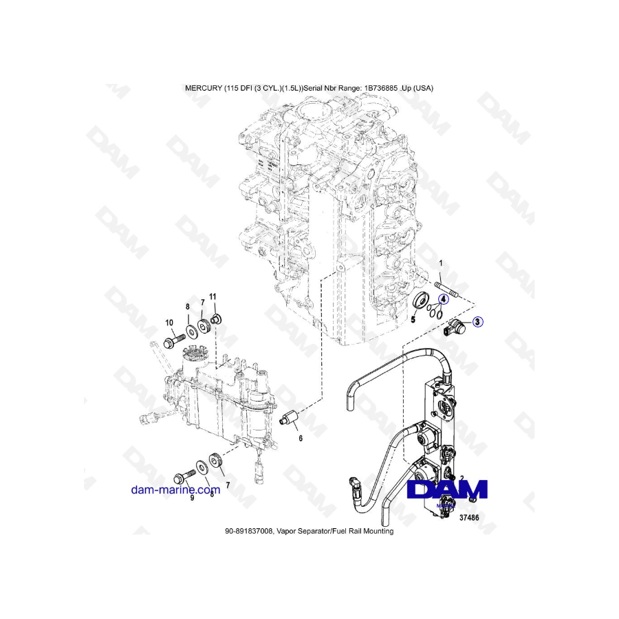 Mercury Optimax 115 - Separador de vapor/montaje en riel de combustible