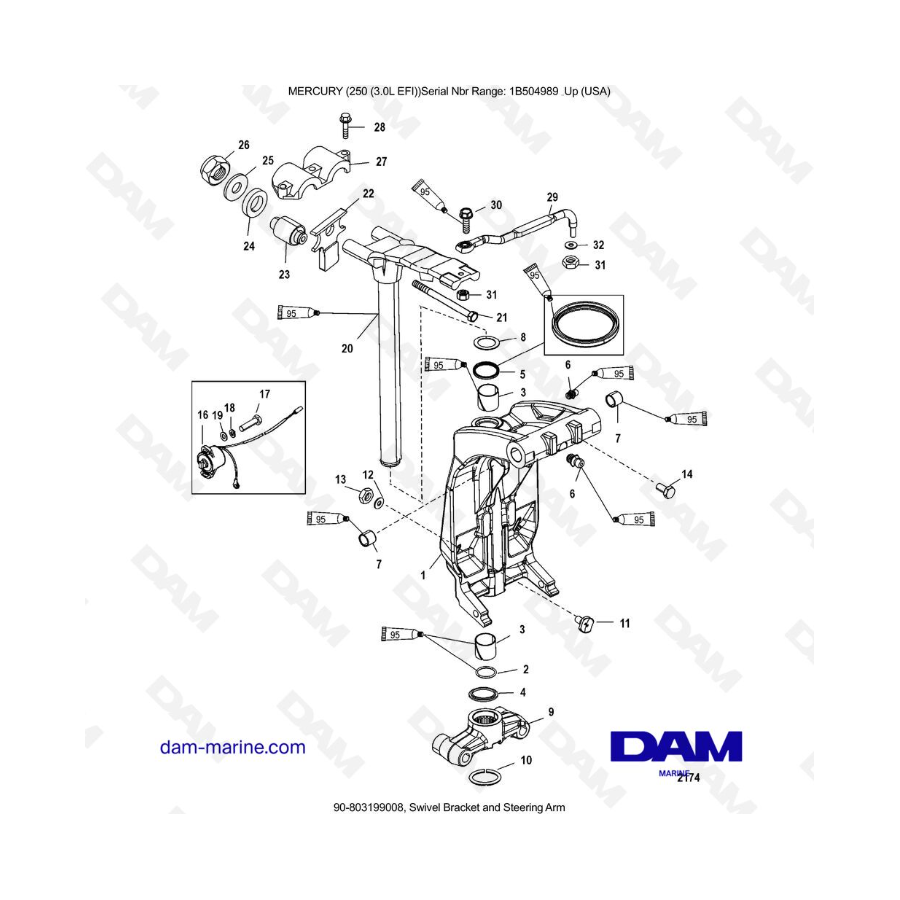 MERCURY 250 EFI 3.0L - Soporte giratorio y brazo de dirección