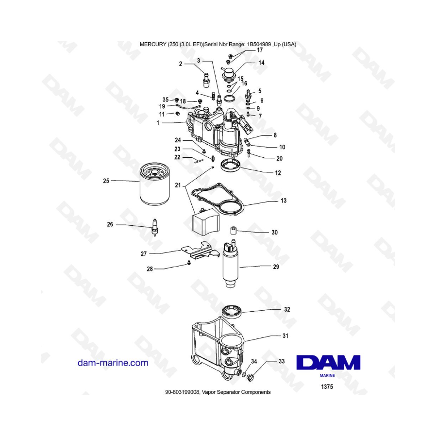 MERCURY 250 EFI 3.0L - Componentes del separador de vapor