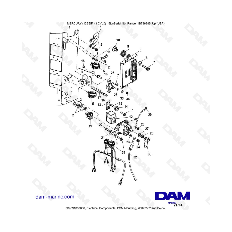 Mercury 125 DFI 1.5L - Electrical Components, PCM Mounting, 2B092562 and Below