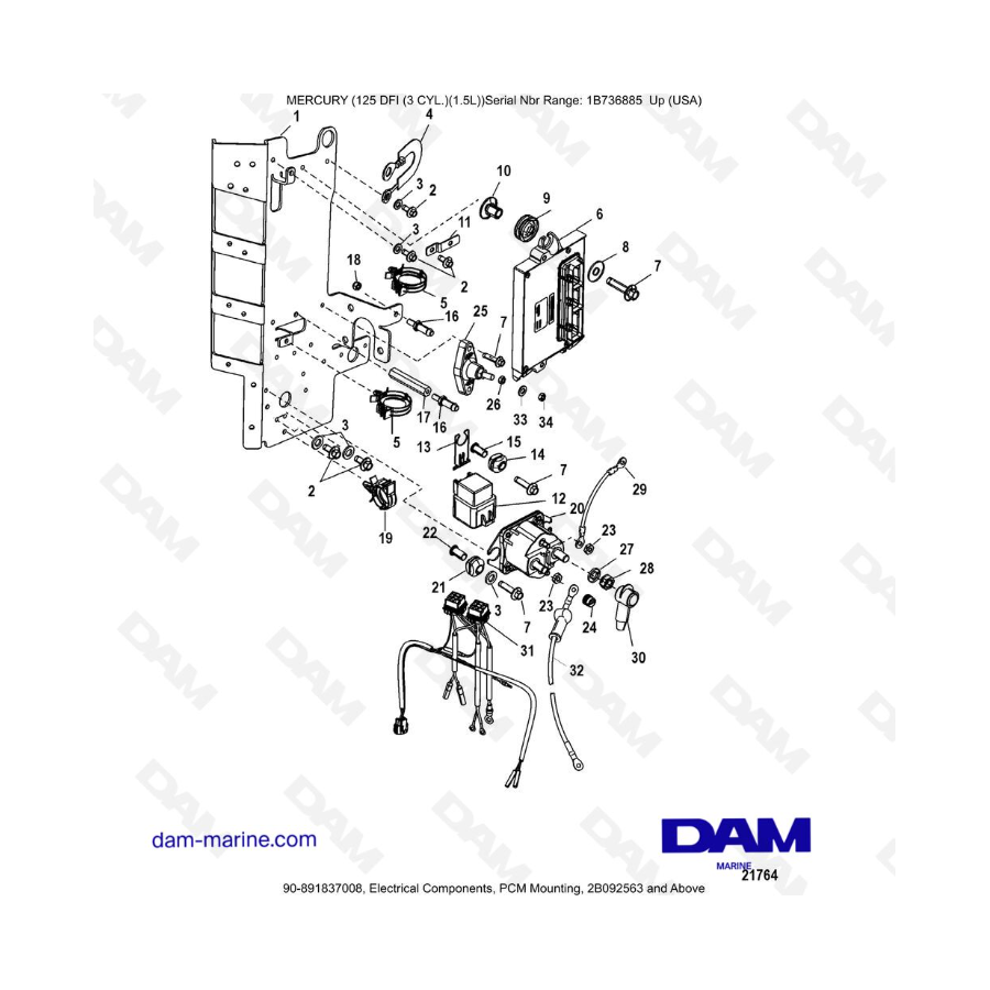 Mercury 125 DFI 1.5L - Electrical Components, PCM Mounting, 2B092563 and Above