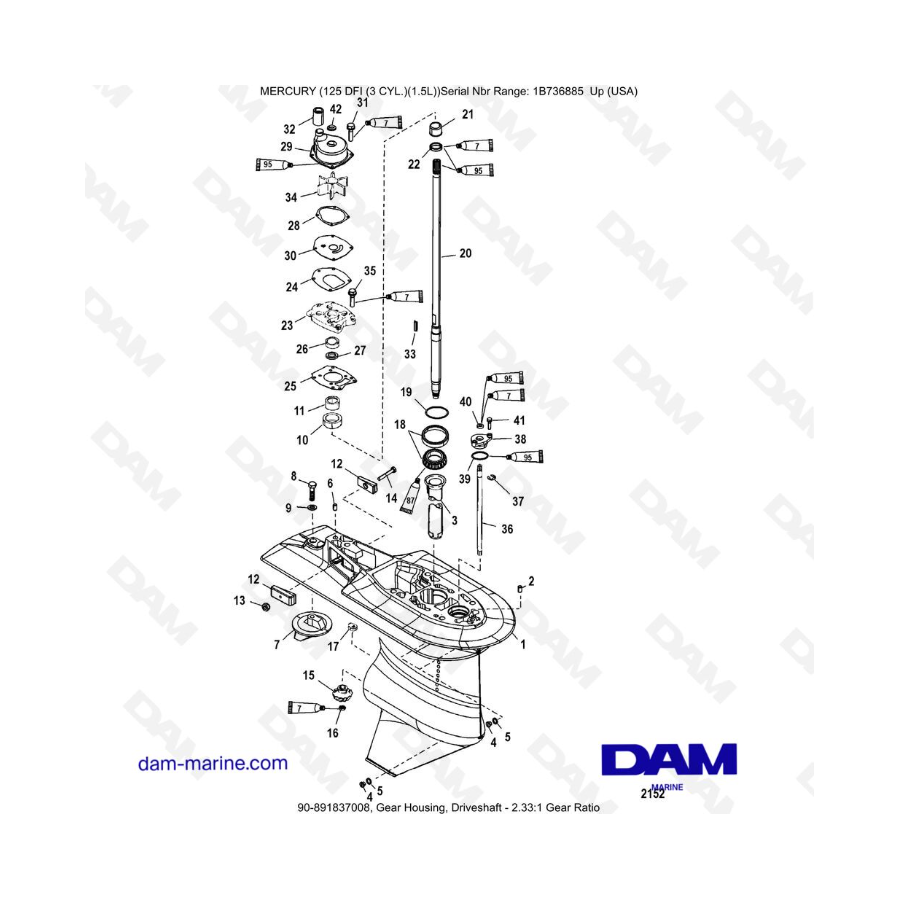 Mercury 125 DFI 1.5L - Caja de engranajes, Eje de transmisión - Relación de engranajes 2.33:1