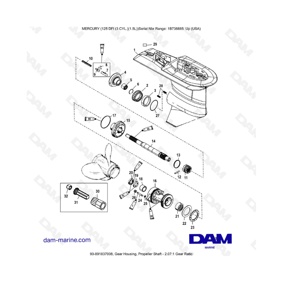 Mercury 125 DFI 1.5L - Gear Housing, Propeller Shaft - 2.07:1 Gear Ratio