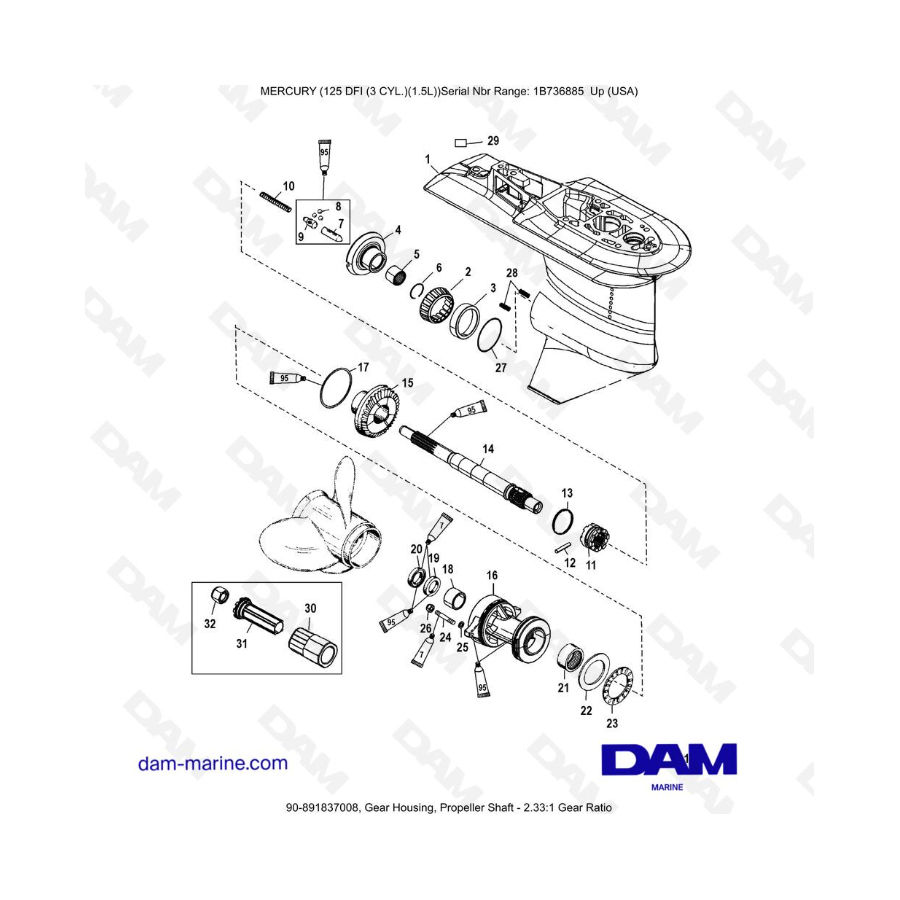 Mercury 125 DFI 1.5L - Gear Housing, Propeller Shaft - 2.33:1 Gear Ratio