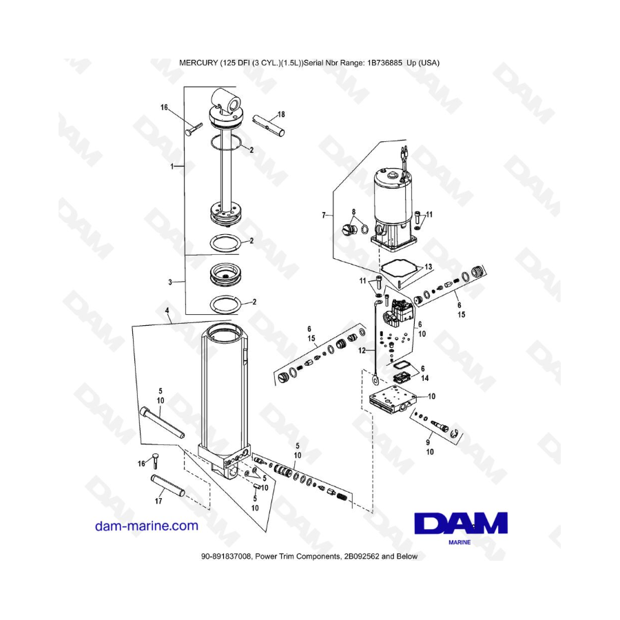 Mercury 125 DFI 1.5L - Componentes Power Trim, 2B092562 e inferiores