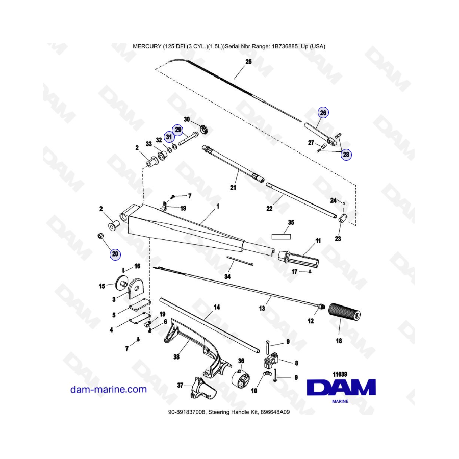 Mercury 125 DFI 1.5L - Steering Handle Kit, 896648A09