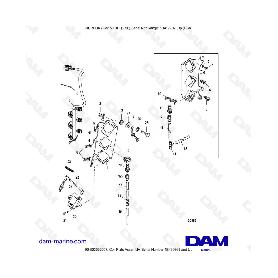 Mercury 150 DFI 2.5L - Conjunto de placa de serpentín, número de serie 1B490866 y superior