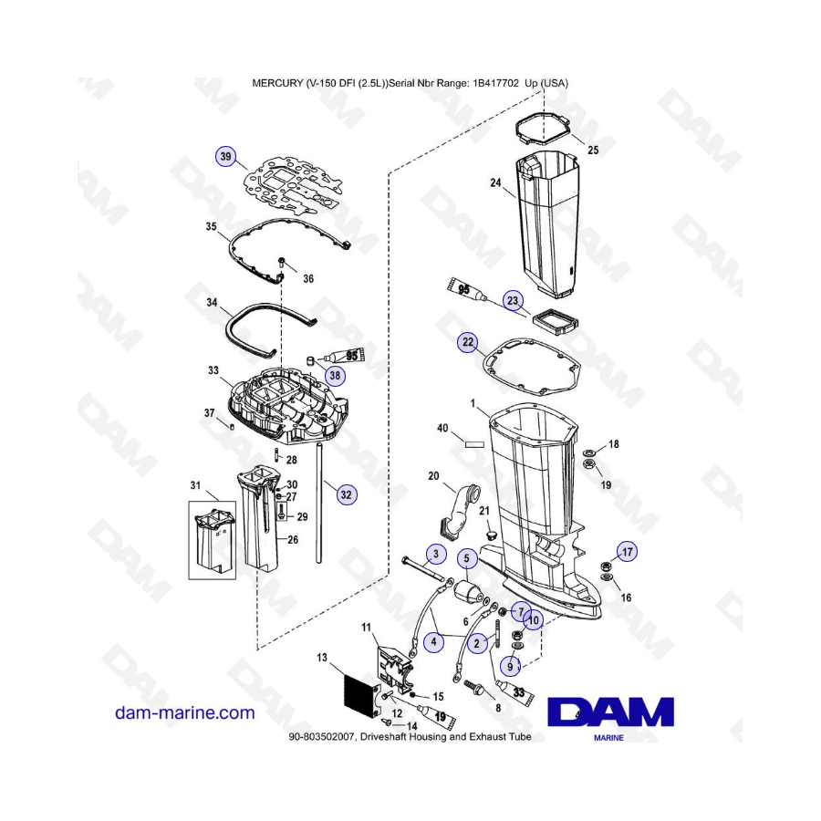 Mercury 150 DFI 2.5L - Caja del eje de transmisión y tubo de escape