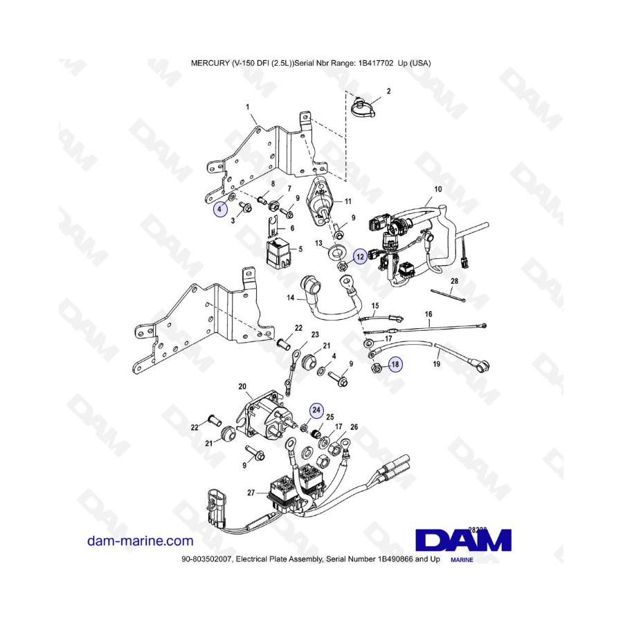 Mercury 150 DFI 2.5L - Conjunto de placa eléctrica, número de serie 1B490866 y superior