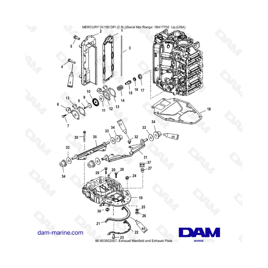 Mercury 150 DFI 2.5L - Colector de escape y placa de escape