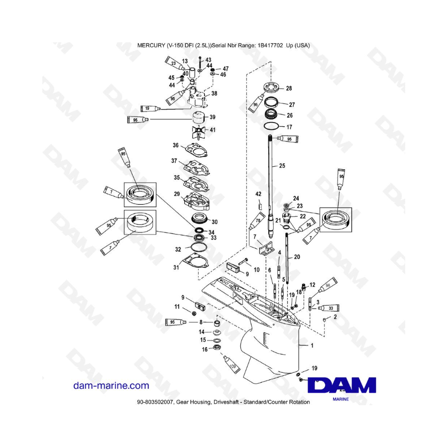 Mercury 150 DFI 2.5L - Caja de engranajes, Eje de transmisión - Rotación estándar/contraria