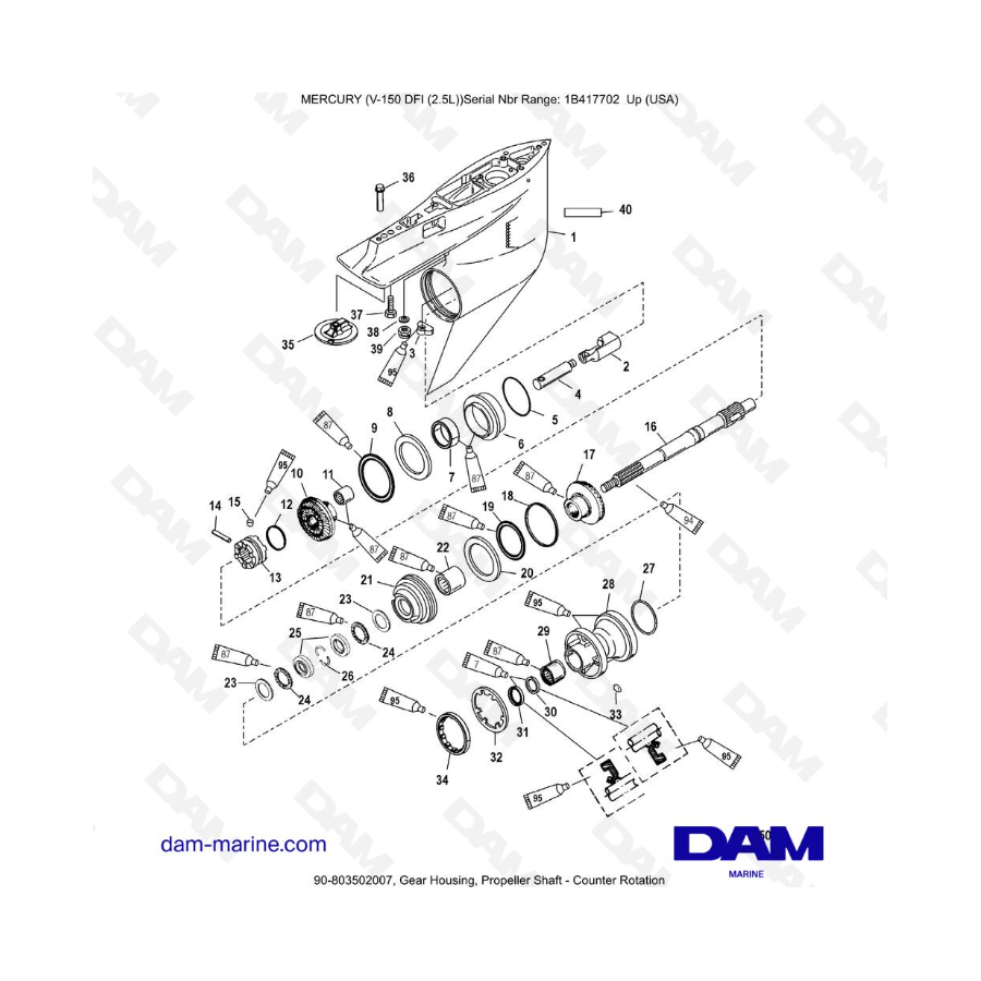 Mercury 150 DFI 2.5L - Caja de engranajes, eje de la hélice - Contrarrotación