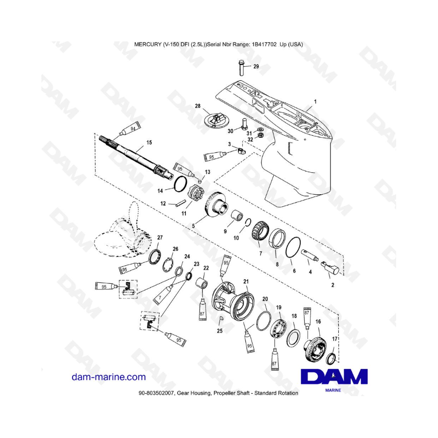 Mercury 150 DFI 2.5 - Caja de engranajes, eje de la hélice - Rotación estándar