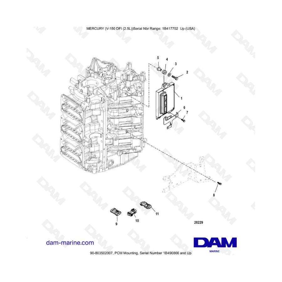 Mercury 150 DFI 2.5L - Montaje PCM, número de serie 1B490866 y superior