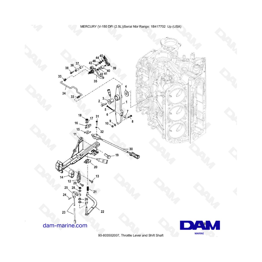 Mercury 150 DFI 2.5L - Palanca del acelerador y eje de cambios