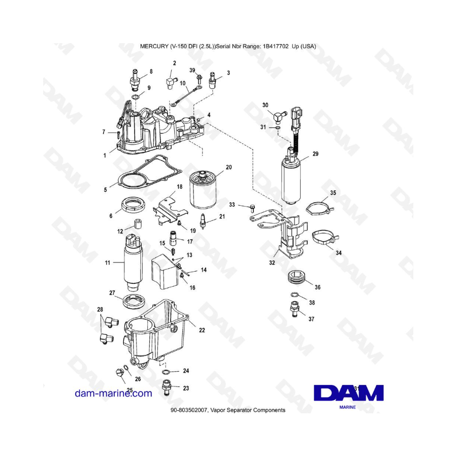 Mercury 150 DFI 2.5L - Componentes del separador de vapor